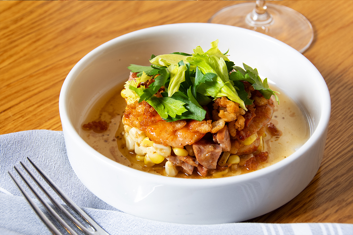 Frogmore salad, shrimp, corn, smoked sausage, old bay vinaigrette