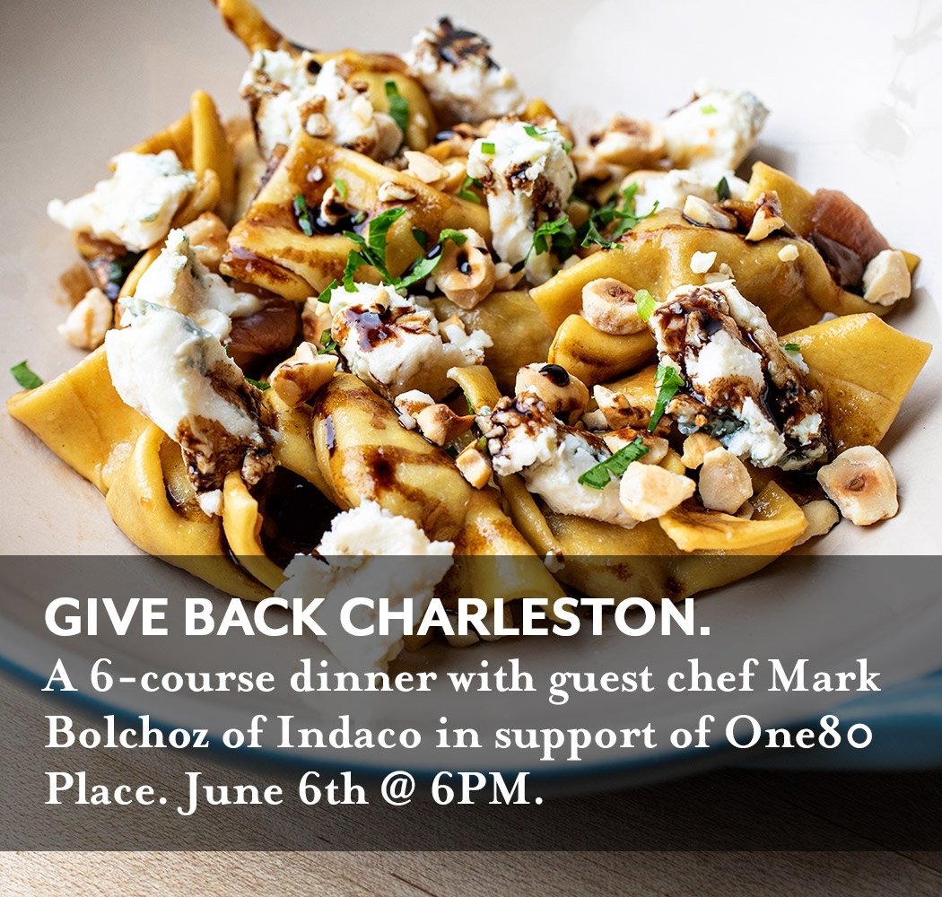 We're giving back to the city we love - and we need your help! The Establishment is hosting a dinner series and our June 6th event will involve a little fresh pasta, a lot of local ingredients, fine wine and cocktails, and of course - a great cause! "Give Back Charleston" will feature Indaco's Mark Bolchoz teaming up with the team from The Establishment and will support One80 Place. Help us support an organization that gives so much to the less fortunate in our community.⁠
⁠
Tickets are extremely limited. Visit our website to register today!
