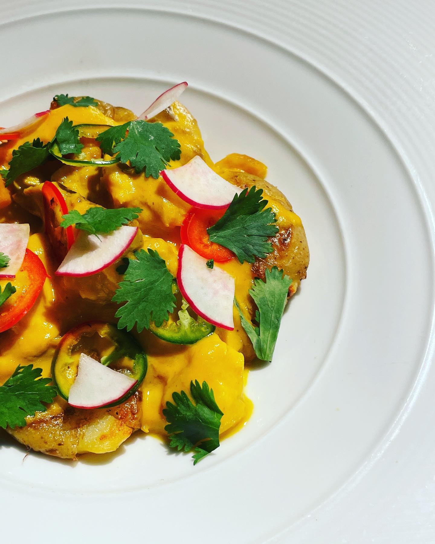 Fresh tonight: snapper curry with rissole potato, radish, jalapeño, and cilantro.
