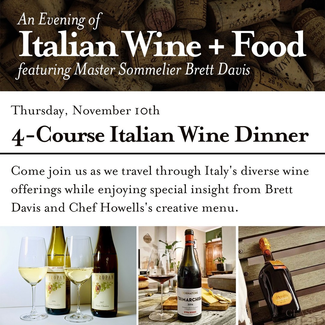 Join us for an exceptional wine and food experience, on November 10th! The Establishment is hosting an intimate 4-course dinner, featuring wines from Italy and presented by Master Sommelier Brett Davis<br/>
<br/>
<br/>
<br/>
#winedinner #mastersomm #italianwine #southofbroad